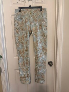 Floral Straight Leg Pants in Light Blue with stretch